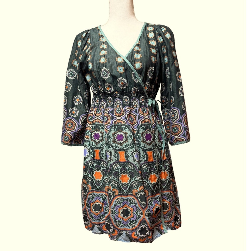 Pinkerton Wrap Dress‎ Boho Geometric Print Smocked Waist 3/4 Sleeve Size M